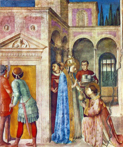 Pin, XV, Angelico, Fra, San Lorenzo recibe los tesoros de la Iglesia, 1447