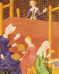 Pin, XV, Boccaccio,Boccaccino, Telar y cardadora de lana, Libro de claris mulieribus, Beblioteta britnica