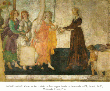 Pin, XV, Botticelli, Sandro, La bella Vanna recibe visita de las tres Gracias, frescos de la Villa Lemmi, M. del Louvre, Pars, 1486