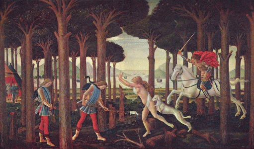 Pin, XV, Botticelli, Sandro, Historia de Nastagio degli Onesti, primer episodio, M. del Prado, Madrid, 1482