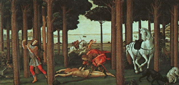 Pin, XV, Botticelli, Sandro, Historia de Nastagio degli Onesti, segundo episodio, M. del Prado, Madrid, 1482