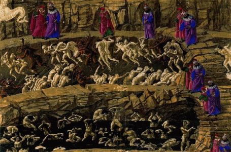 Pin, XV, Botticelli, Sandro, El infierno de Dante, canto XVIII, detalle. dibujo coloreado, Staatlichem Museum, Berln, 1480-1490