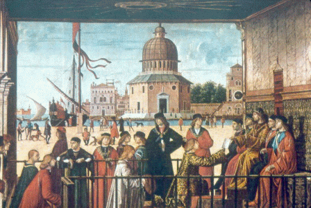 Pin, XV, Carpaccio, Vitore, Despedida de los embajadores, detalle, Galeria de la Academia, Venecia, 1495-1500