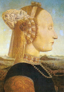 Pin, XV, Francesca, Piero della, Retrato de Battista  Sforza esposa de Federico de Montefeltro, M. de Uffizi, Florencia, 1480