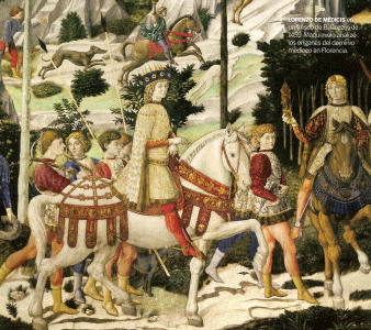 Pin, XV, Gozzoli, Benozzo, Lorenzo de Mdici, Cabalgata de los Reyes Magos, Palacio Mdici-Ricardi, Florencia,  detalle, 1459-1461