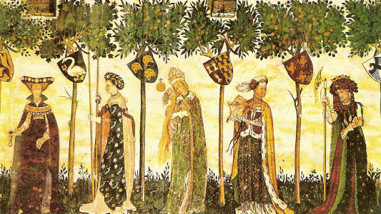 Pin, XV, Iverni, Jacques, Cinco heroinas, Castillo de Manta Saluzzo, Piamonte, 1420