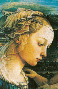 Pin, XV, Filippo, Lippi Fra, Virgen con Nio y Angeles, detalle,Galera Uffizi, Florencia, 1460-1464