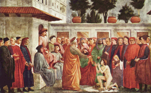 Pin, XV, Masaccio, Tommaso, Resurreccion del hijo de Tefilo, Capillla Brancacci, Florncia, 1424-1428