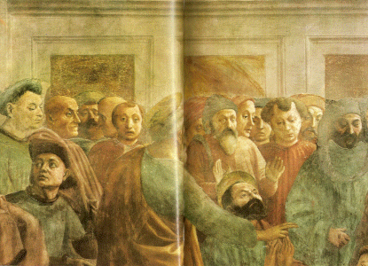 Pin, XV, Masaccio, Tommaso, Adoracin de San Pedro en la ctedra, detalle, Capilla Brancacci, Florencia, 1424