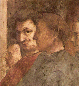 Pin, XV, Masaccio, Tommaso, Adoracin de San Pedro en la ctedra, detalle- autorretrato del autor-, Capilla Brancacci, Florencia, 1424