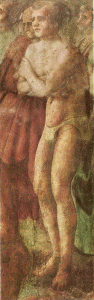 Pin, XV, Masaccio, Tommaso, Bautismo de los catecmenos, detalle, Capilla Brancacci, Florencia, 1428