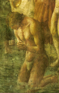 Pin, XV, Masaccio, Tommaso, Bautismo de los catecmenos, detalle, Capilla Brancacci, Florencia, 1428