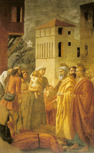 Pin, XV, Masaccio, Tommaso, Distribucin de bienes a la comunidad por San Pedro, Capilla Brancacci, Florencia, 1426-1427