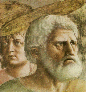 Pin, XV, Masaccio, Tommaso, El tributo de la moneda, detalle, Capilla Brancacci, Florencia, 1426-1427