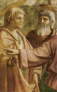 Pin, Masaccio, Tommaso, El tributo de la Moneda, detalle, Capilla Brancacci, Florencia, 1426-1427