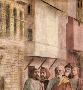 Pin, XV, Masaccio, Tommaso, San Pedro cura a loa emfermos con su sombra, detalle, Capilla Brancacci, Florencia, 1424-1428