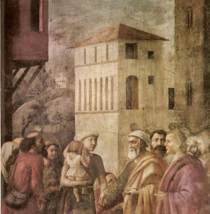 Pin, XV, Masaccio, Tommaso, Distribucin de limosnas por San Pedro, Capilla Brancacci, Florencia, 1426-1427