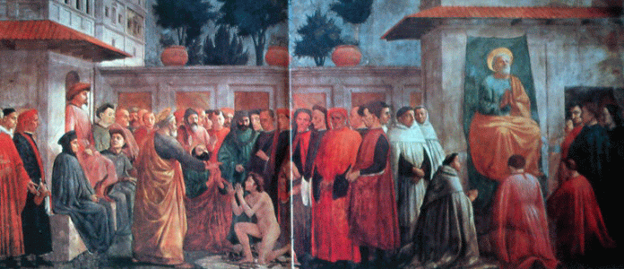 Pin XV, Masaccio, Tommaso, Visita de S. Pablo a S. Pedro en la crcel, La resurreccin del hijo de Tefilo, La Adoracin de S Pedro en la ctedra, Capilla Brancazi, Florencia, 1424