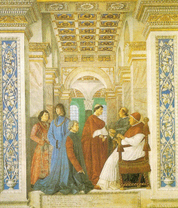 Pin, XV, Melozzo da Forli, Sixte IV nombra a Bartolomeo Platina prefecto, Biblioteva Vaticana, 1480