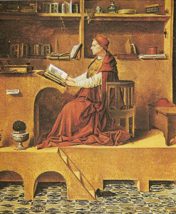 Pin, Messina, Antonello, San Jernimo en su estudio, detalle, National Gallery, Londres, 1474
