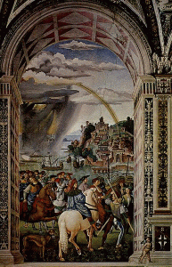 Pin, XVI, Pinturricchio, o Bernardino di Beeto Benedetto di Biagio, Partida de Po II al Concilio, Biblioteca Picolomina, Siena, 1502-1507