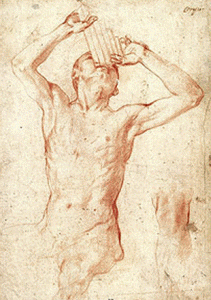 Pin, XVI, Broncino, Agnolo, Joven desnudo sentaso tocando la zampoa, M. Louvre, Pars, 1503-1572