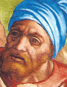 Pin, XVI, Buonarroti, M. Angel, Autorretrato, Crucifixin de San Pedro, Detalle, Museos Vatocanos, Roma, 1545