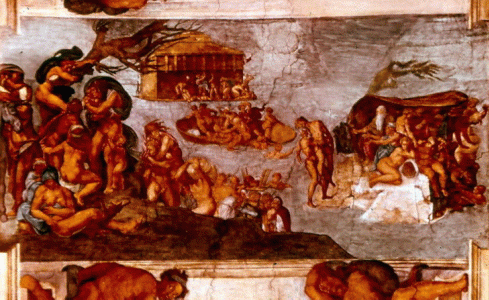 Pin, XVI, Buonarroti, M. Angel, Capilla Sixtina, El Diluvio Universal, detalle, San Pedro, Vaticano, Roma, 1508-1512