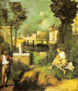 Pin, XVI, Giorgione o Barbarelli, Giorgio, La tempestad,Galleria dell Academia, Venecia, 1510