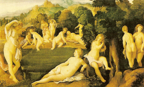 Pin, XVI, Palma el Viejo, Diana descubre el desliz de Calisto, Kunsthistorisches M., Viena, Austria, 1525