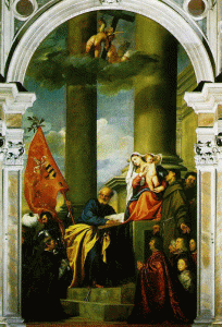 Pin, XVI, Tiziano, Becellio, Madonna con santos y miembros de la familia Pesaro, 1519-1526
