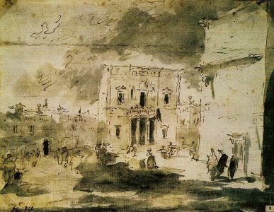 Pin, XVIII, Guardi, Francesco, La Fenice de Venecia, exterior, Teatro, M. Correr, Venecia