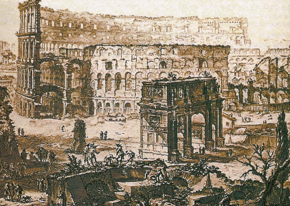 Grabadps. XVIII, Piranesi, Giambattista, Veduta di Roma, Coliseo y Foro romano, 1761