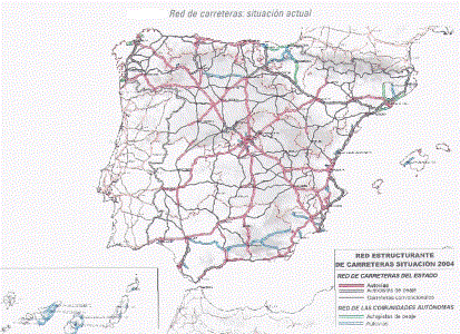 Geo, Econmica, Comunicaciones, Carreteras convencionales, Mapa, Espaa, 2004