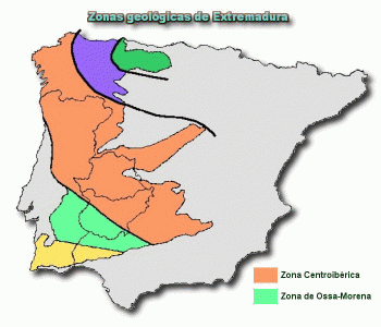 Geo, Extremadura, Fsica, Relieve, Zonas ms antiguas d ela Pennsula Ibrica, mapa