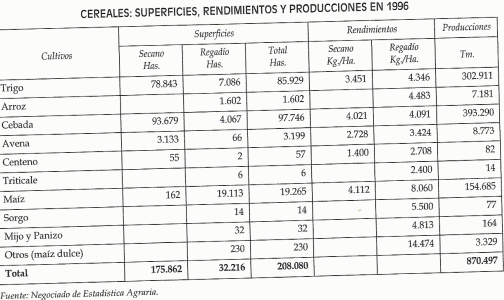 Geo, Navarra, Econmica, Agricultura,  Cereales, Superficies-Produccin-Rendimiento, Direccin General Agricultura, Gobiwerno Autnomo, Tabla, 1996