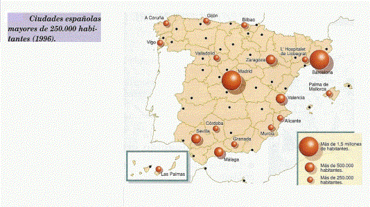 Geo, Humana, Poblamiento, Espaa, Ciudades de menos de 1500000 habitantes, 1996 